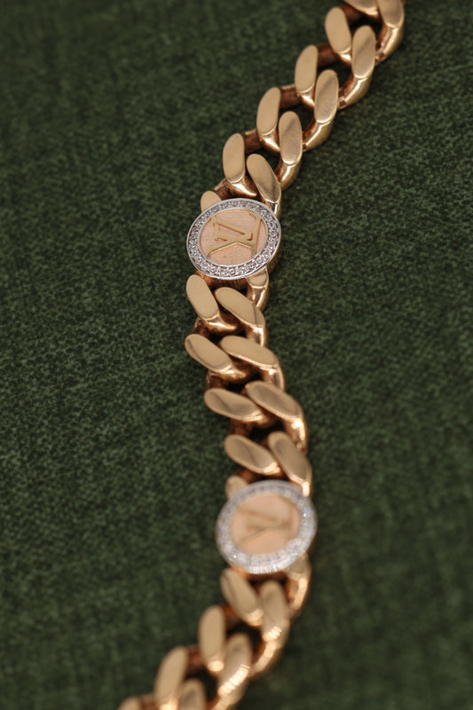 Gold Cuban Link Bracelet with Diamond-Circle Medallions & Secure Box Clasp – Luxurious Bracelate Design for Men & Women