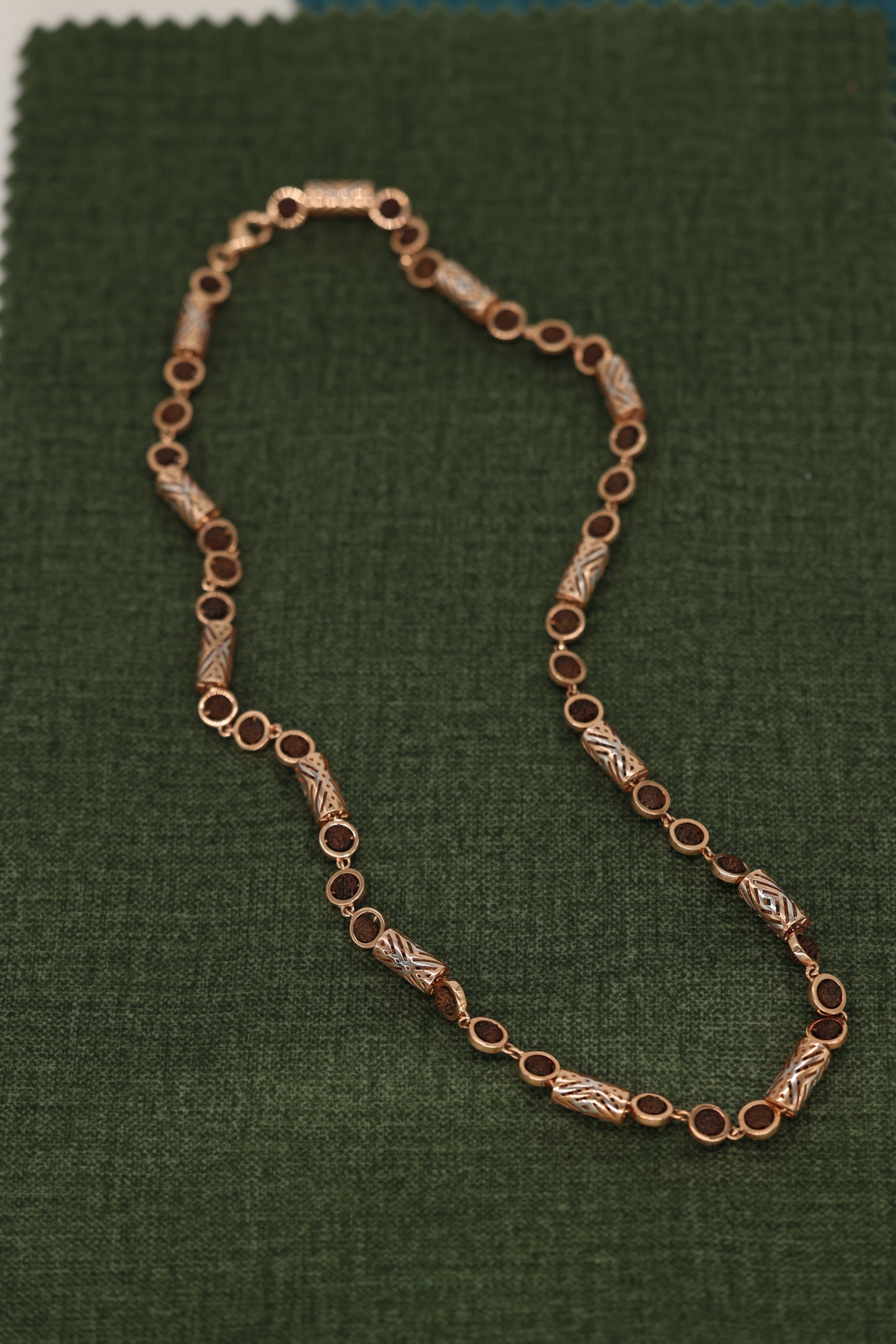 Exquisite Rose Gold Rudraksha Necklace with Intricate Filigree Cylinders