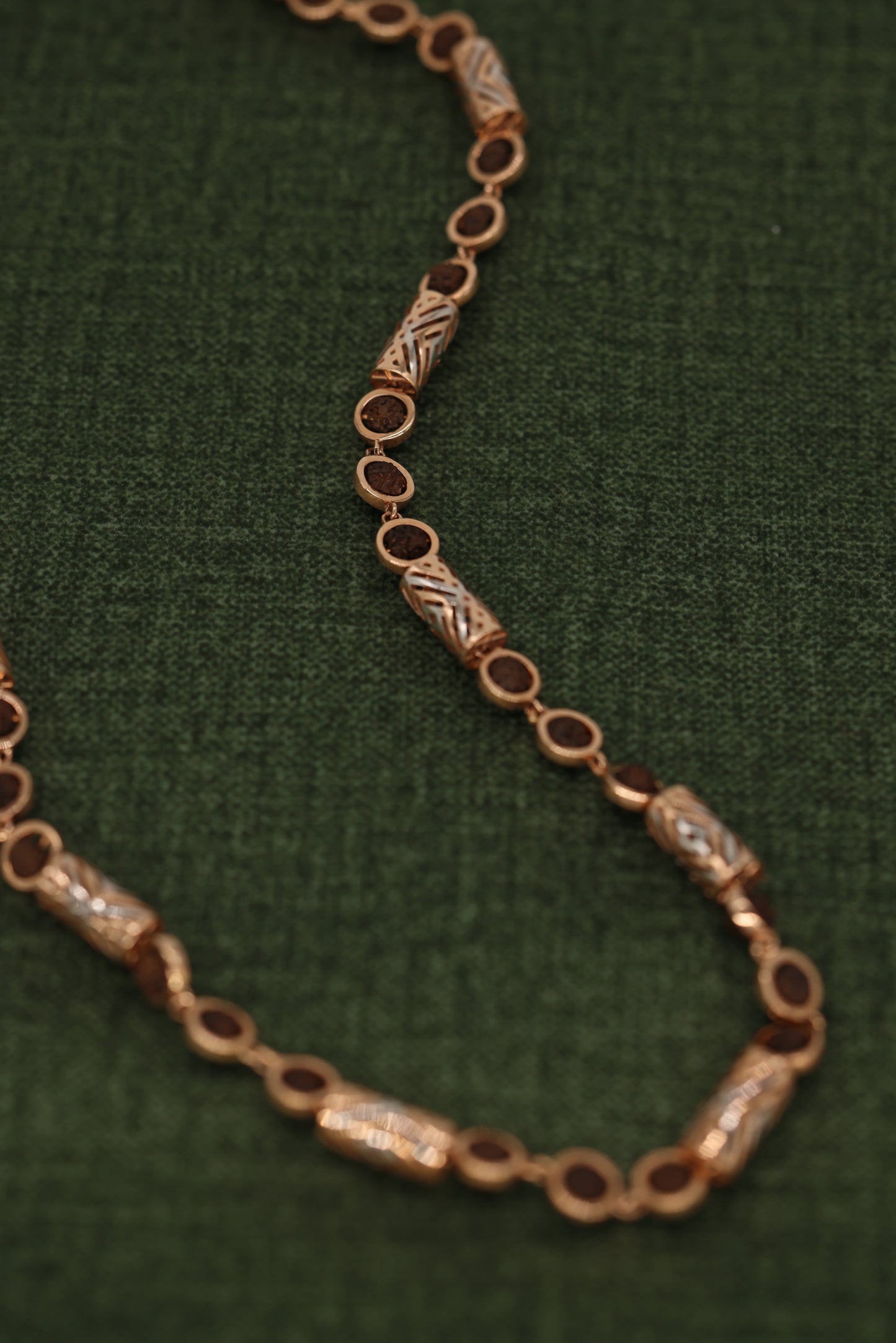 Exquisite Rose Gold Rudraksha Necklace with Intricate Filigree Cylinders