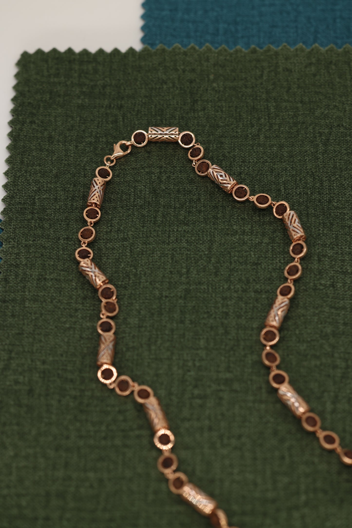 Exquisite Rose Gold Rudraksha Necklace with Intricate Filigree Cylinders