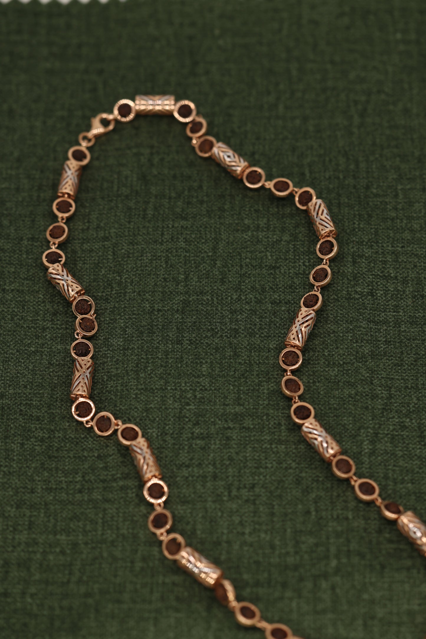 Exquisite Rose Gold Rudraksha Necklace with Intricate Filigree Cylinders
