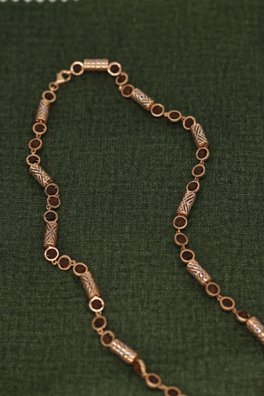 Exquisite Rose Gold Rudraksha Necklace with Intricate Filigree Cylinders