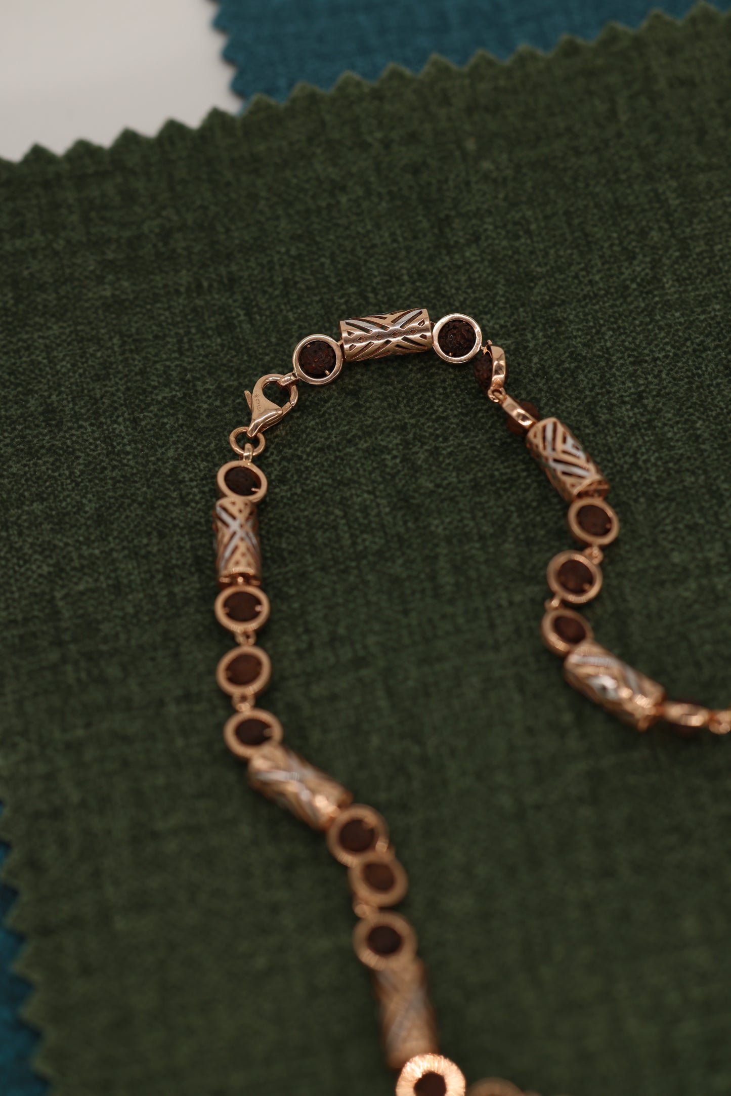 Exquisite Rose Gold Rudraksha Necklace with Intricate Filigree Cylinders