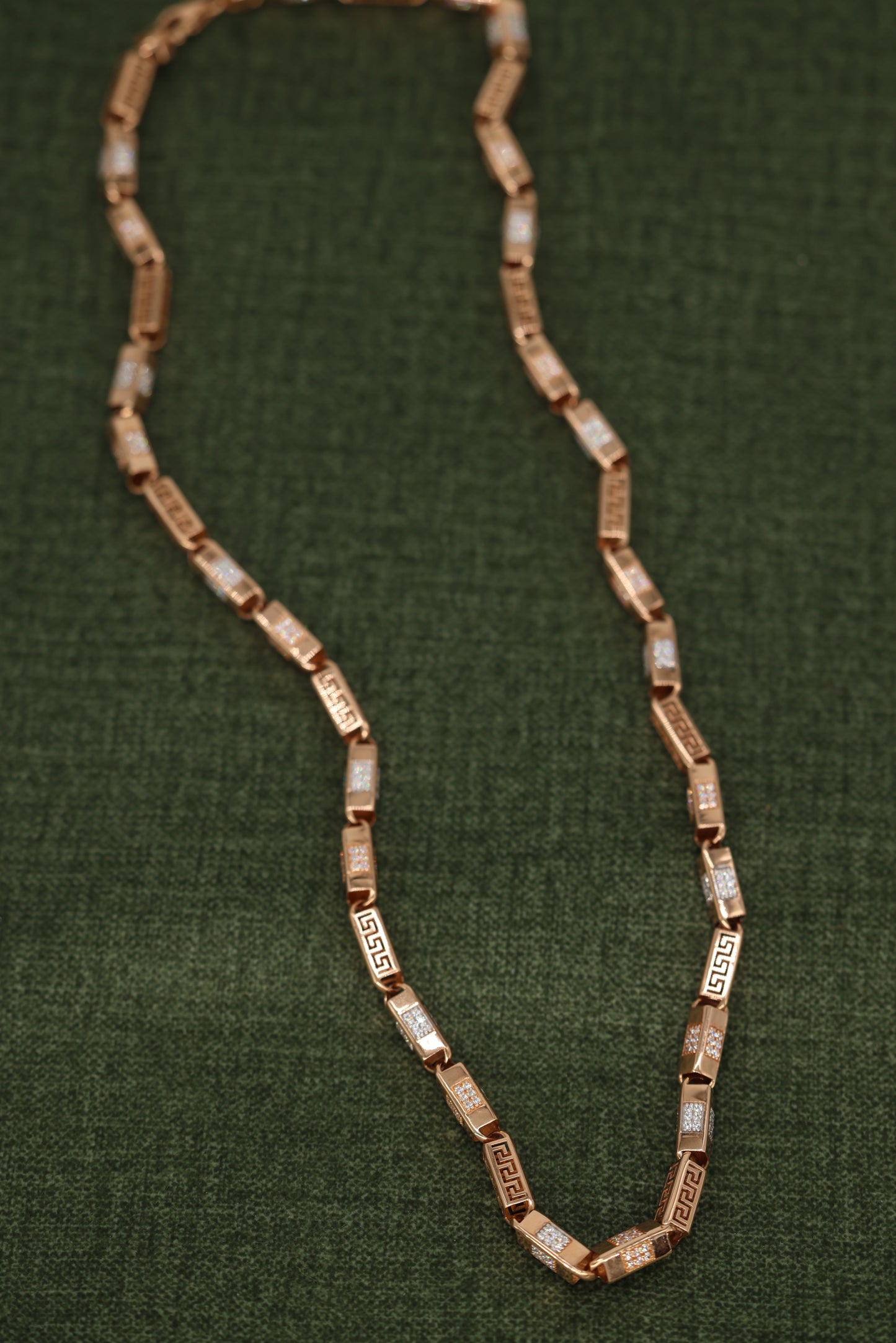 Luxurious Rose Gold Necklace with Greek Key Design and Micro-Pave Diamond Detailing