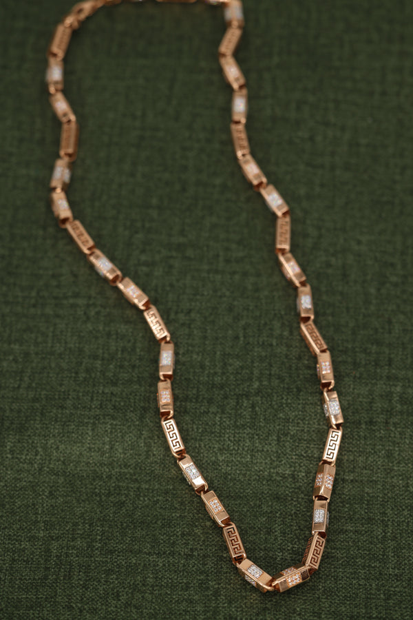 Luxurious Rose Gold Necklace with Greek Key Design and Micro-Pave Diamond Detailing