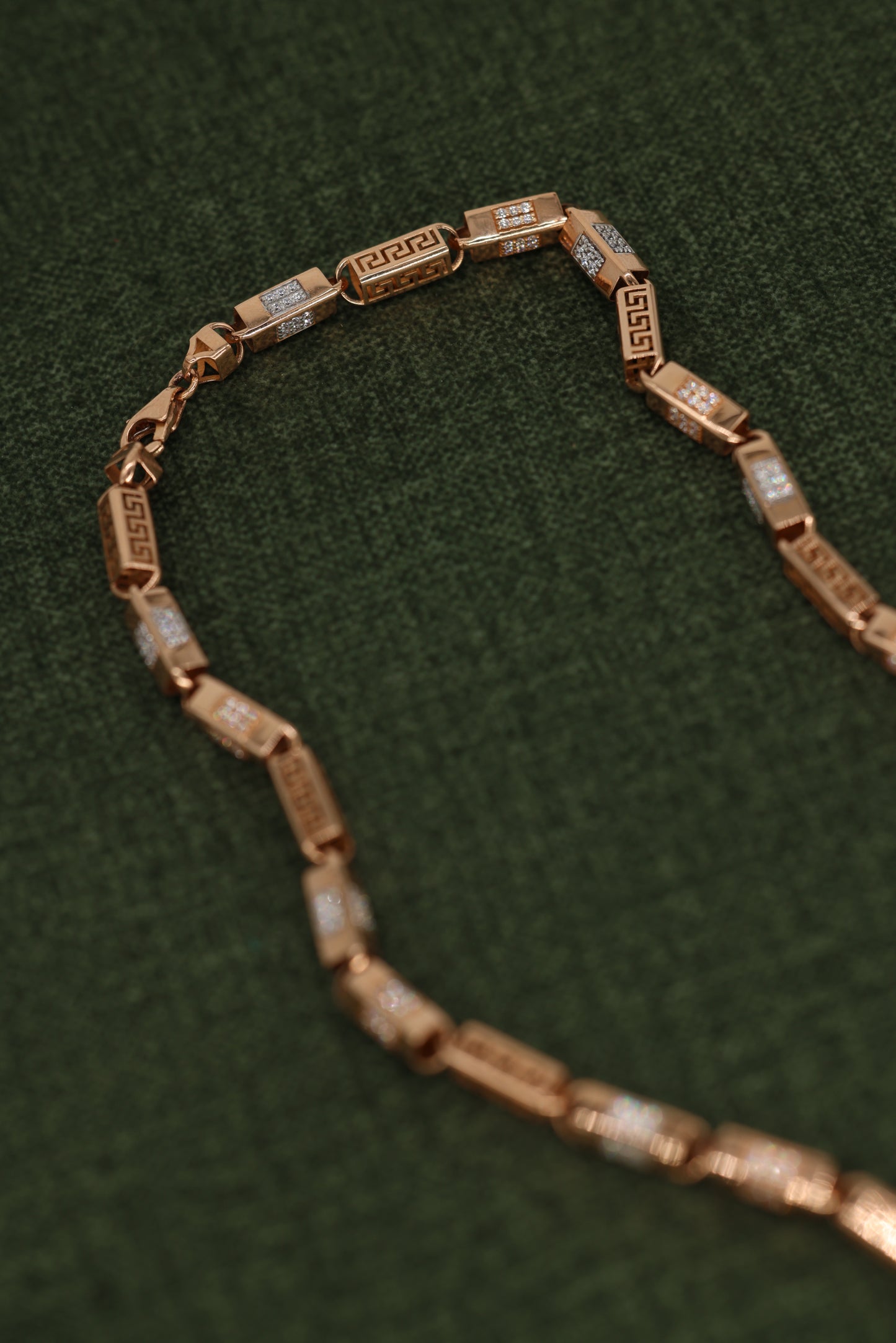 Luxurious Rose Gold Necklace with Greek Key Design and Micro-Pave Diamond Detailing