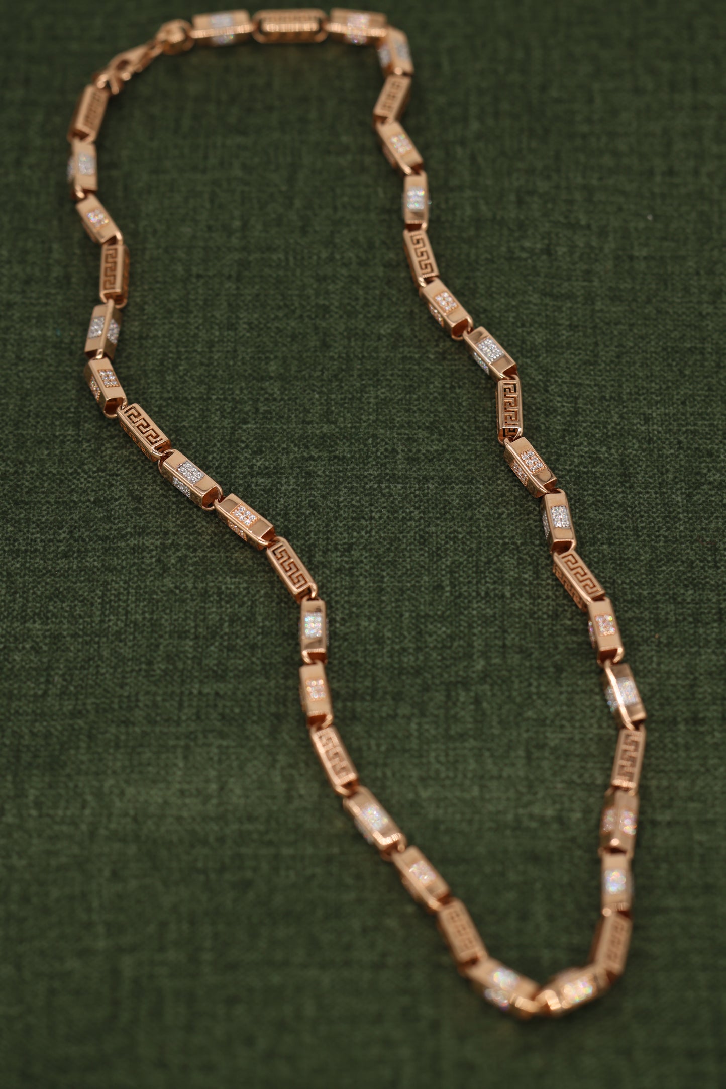 Luxurious Rose Gold Necklace with Greek Key Design and Micro-Pave Diamond Detailing