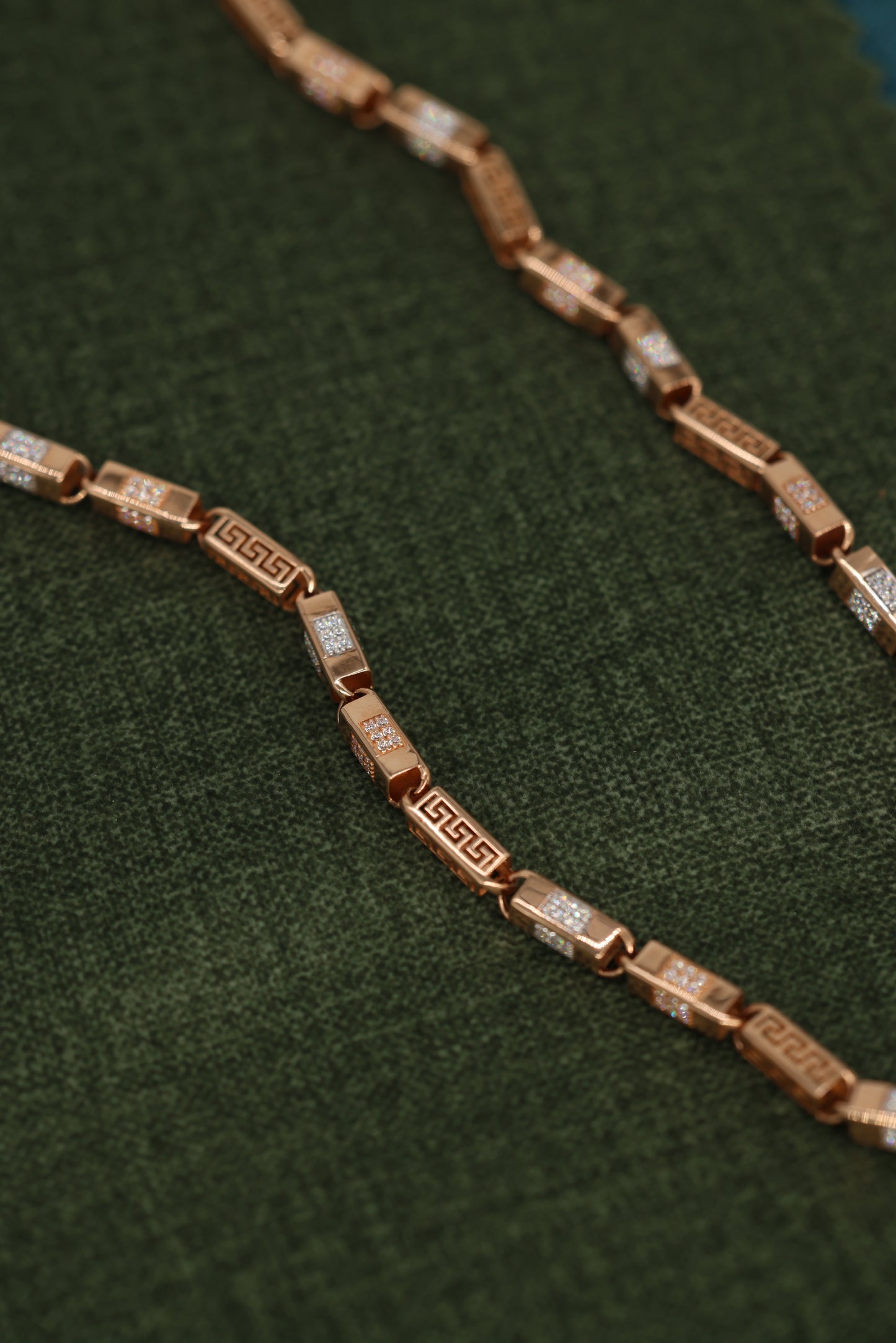 Luxurious Rose Gold Necklace with Greek Key Design and Micro-Pave Diamond Detailing