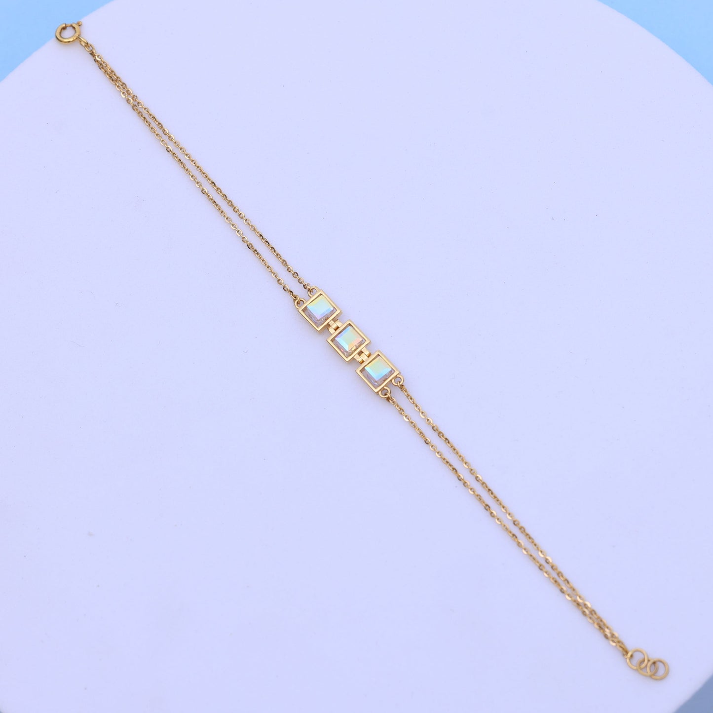 Stylish Gold Bracelet with Square Crystal Stones – Minimalist Double Chain Design
