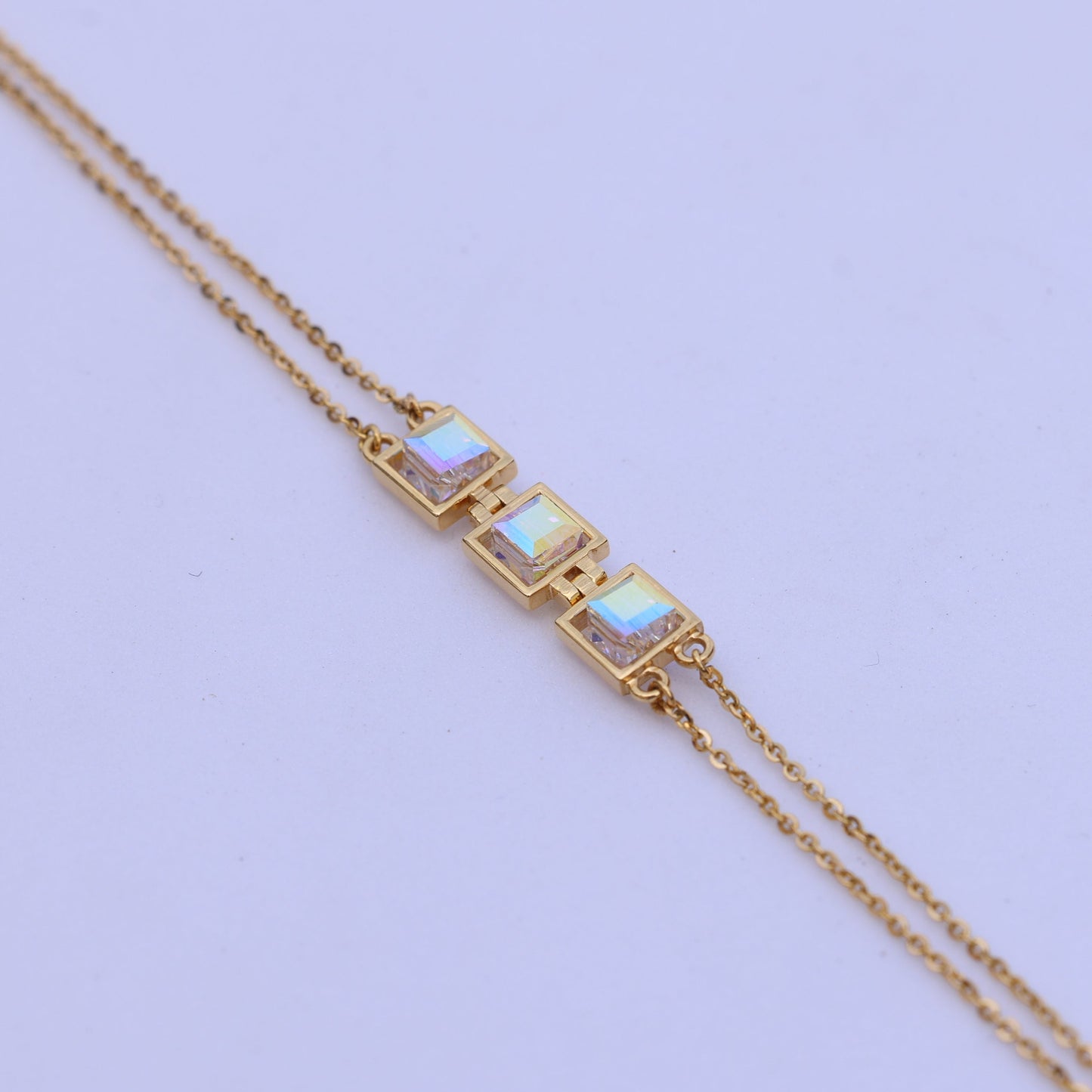Stylish Gold Bracelet with Square Crystal Stones – Minimalist Double Chain Design