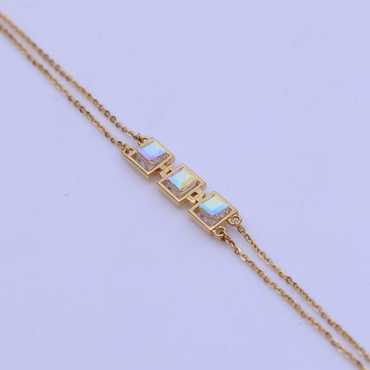 Stylish Gold Bracelet with Square Crystal Stones – Minimalist Double Chain Design