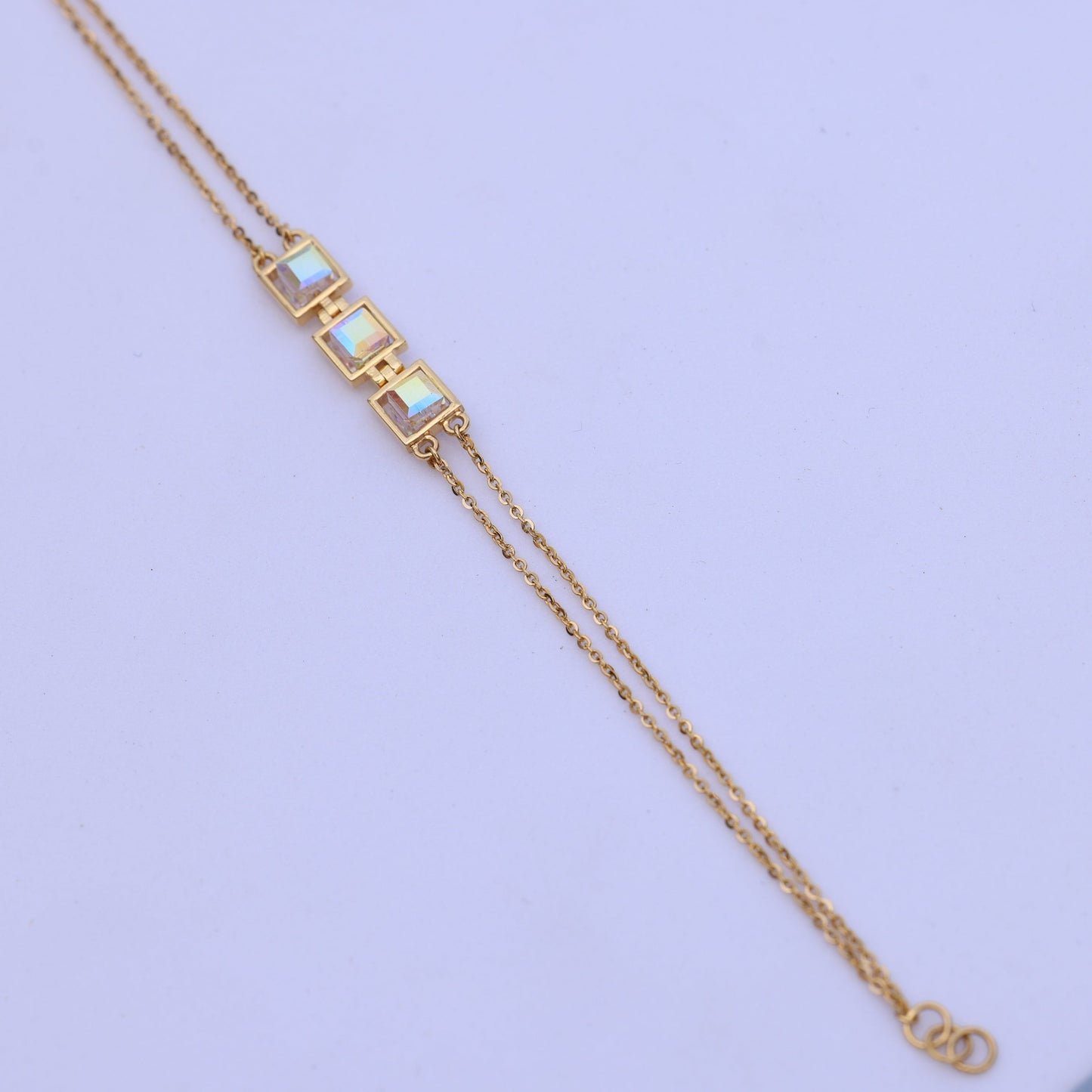 Stylish Gold Bracelet with Square Crystal Stones – Minimalist Double Chain Design