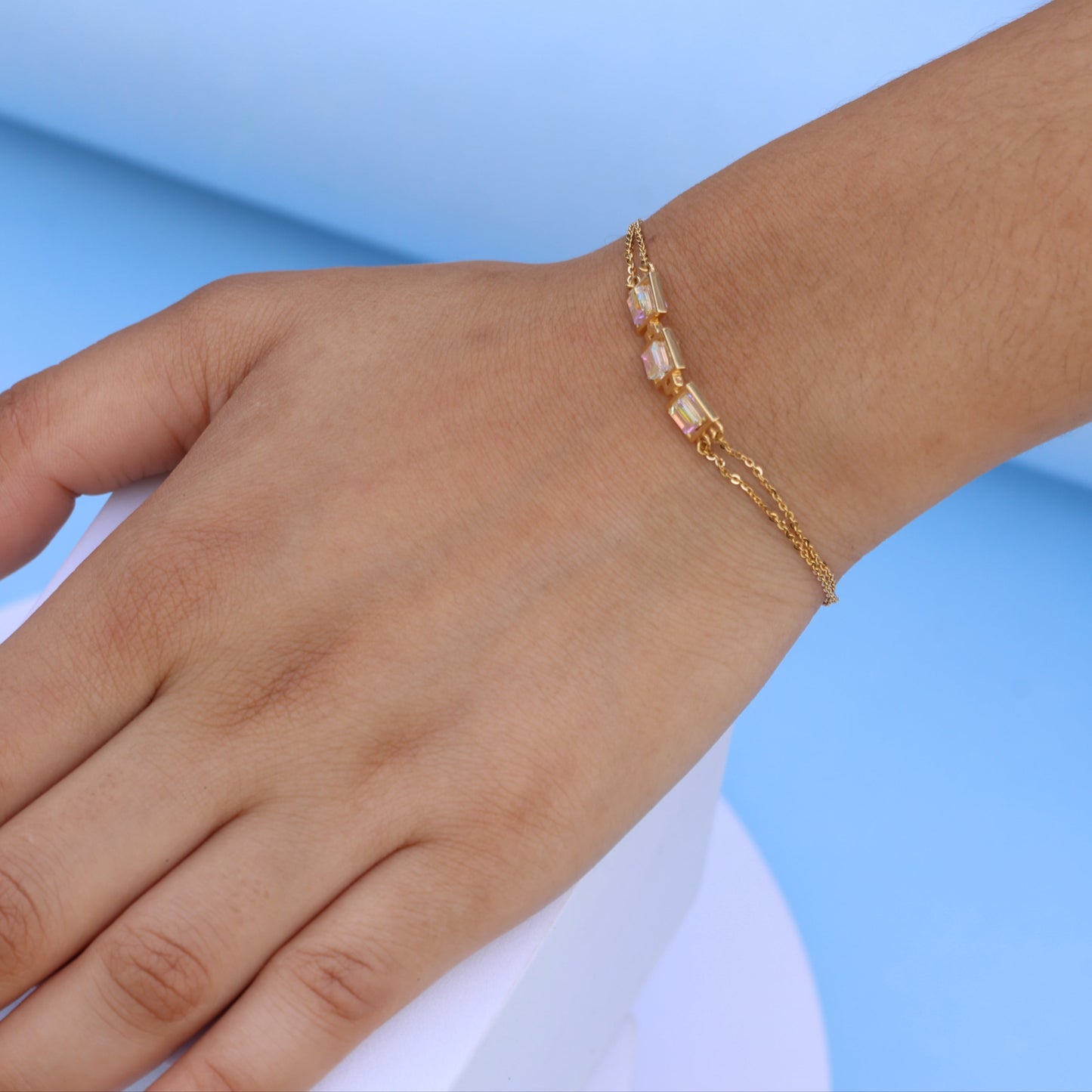 Stylish Gold Bracelet with Square Crystal Stones – Minimalist Double Chain Design