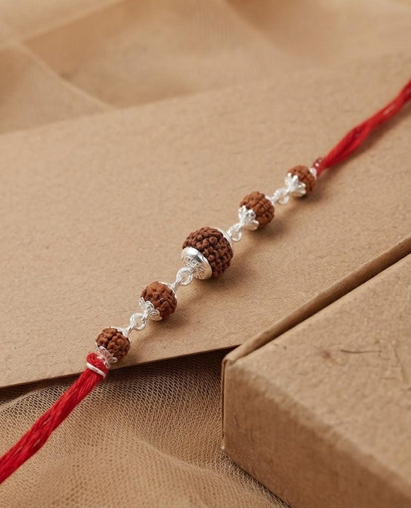 Traditional Rudraksha Silver Bead Spiritual Rakhi for Brother