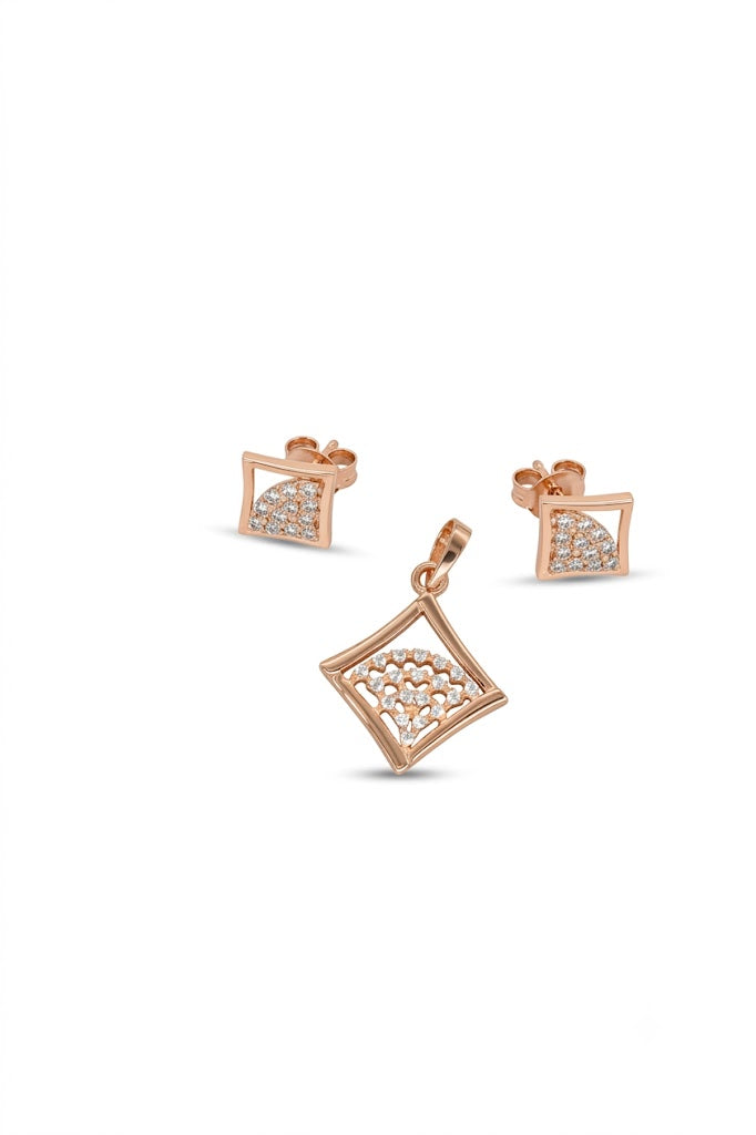 Rose Gold Diamond Square Pendant & Earring Set – Elegant Geometric Jewelry for Women