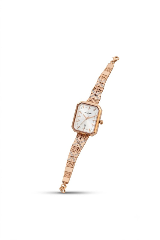 Titan Women's Watch with Geometric Gold Bracelet & American Diamond Embellishments