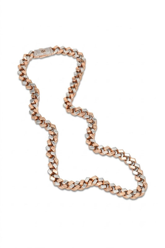 Rose Gold and Silver Dual-Tone Square Link Chain Necklace with Signature Diamond Clasp