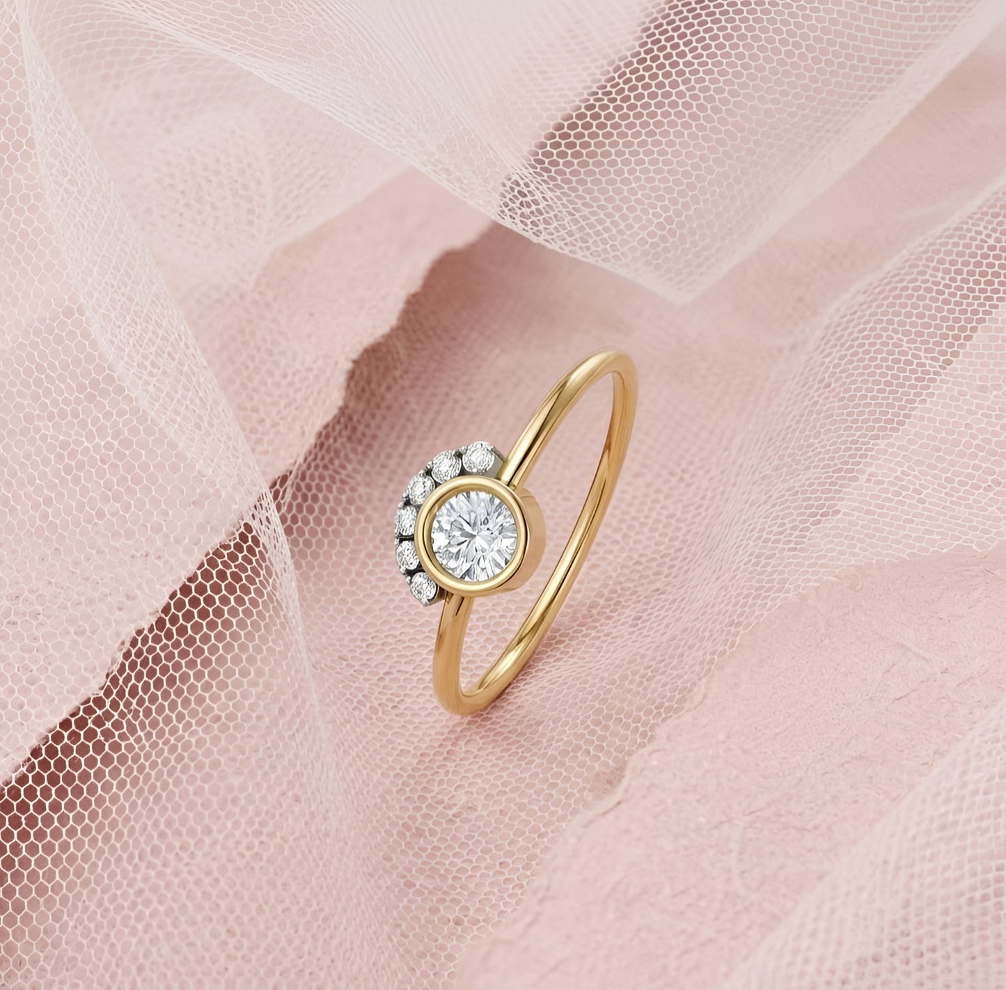 Moissanite Bezel Set Halo Ring in Solid 14KT Yellow Gold | Nakrani Gold Hallmark Quality