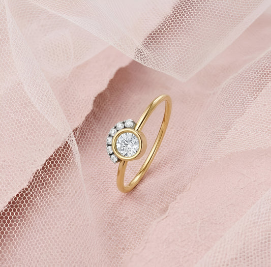 Moissanite Bezel Set Halo Ring in Solid 14KT Yellow Gold | Nakrani Gold Hallmark Quality