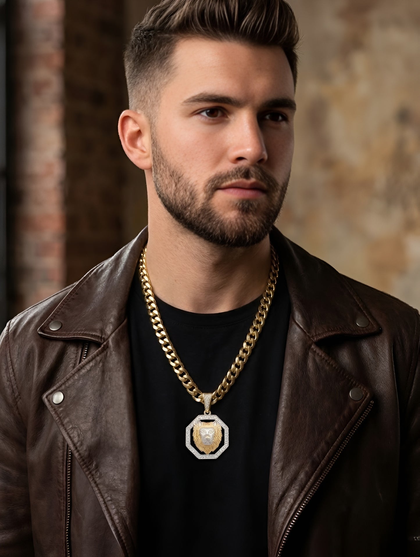 Mens 14K Gold Two Tone Lion Head Pendant