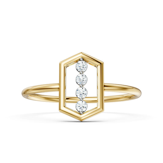 Geometric Hexagon Diamond Ring 14K Yellow Gold Minimalist Vertical 4 Stone Band