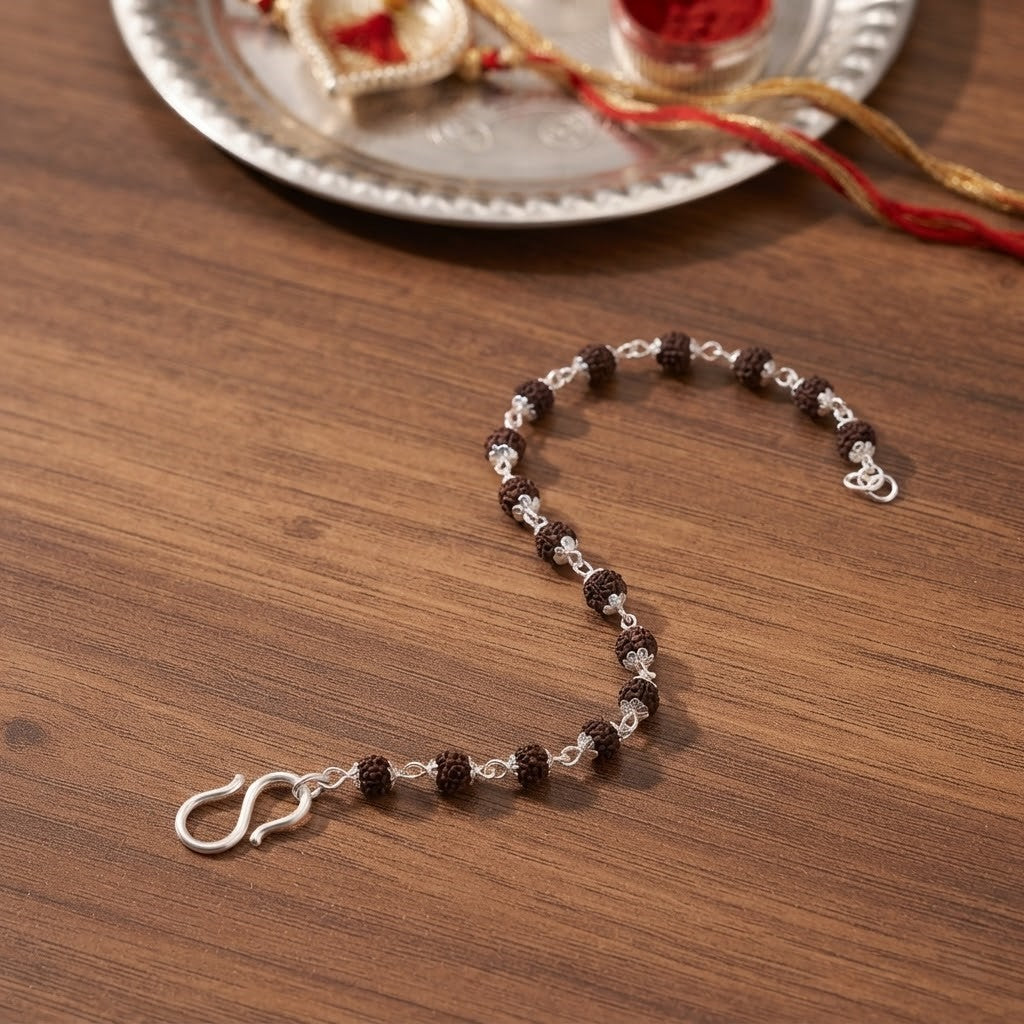 Silver Rudraksha Bracelet for Men & Boys | Traditional Silver Rakhi Bracelet & Spiritual Wristwear