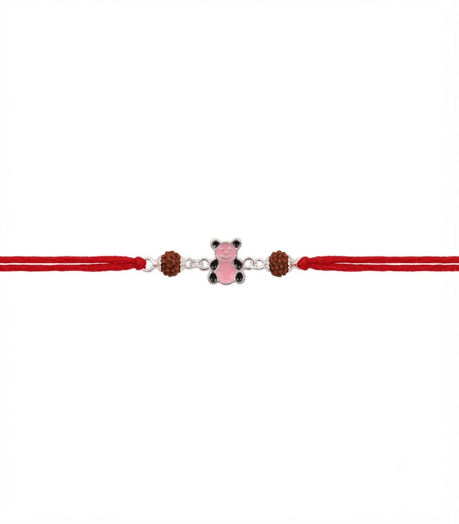 Cute Pink Bear Enamel Silver Rakhi for Kids