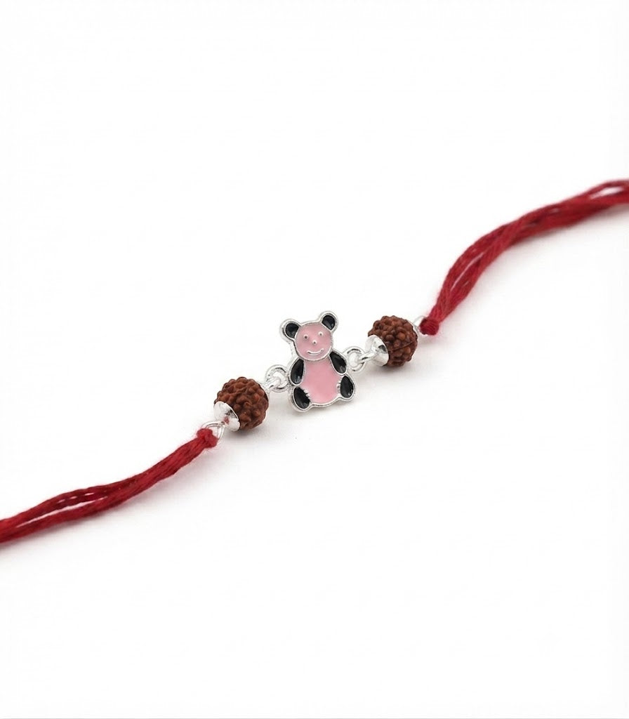 Cute Pink Bear Enamel Silver Rakhi for Kids