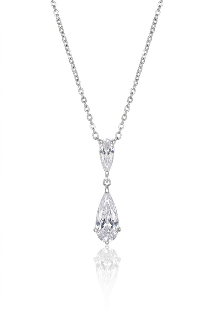 American Diamond Double Pear Drop Silver Chain Pendant
