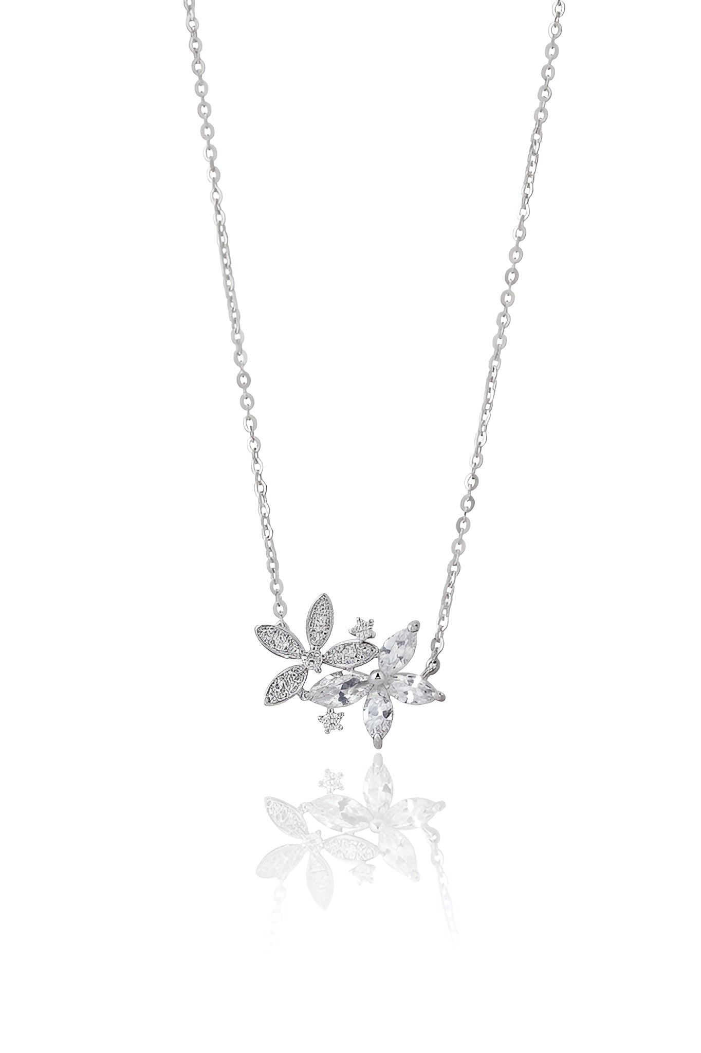 Sterling Silver Marquise Cut Cubic Zirconia Dual Floral Pendant Necklace