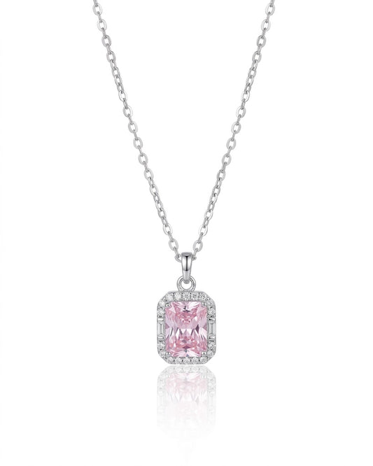 Radiant Cut Pink Diamond Halo Silver Chain Pendant