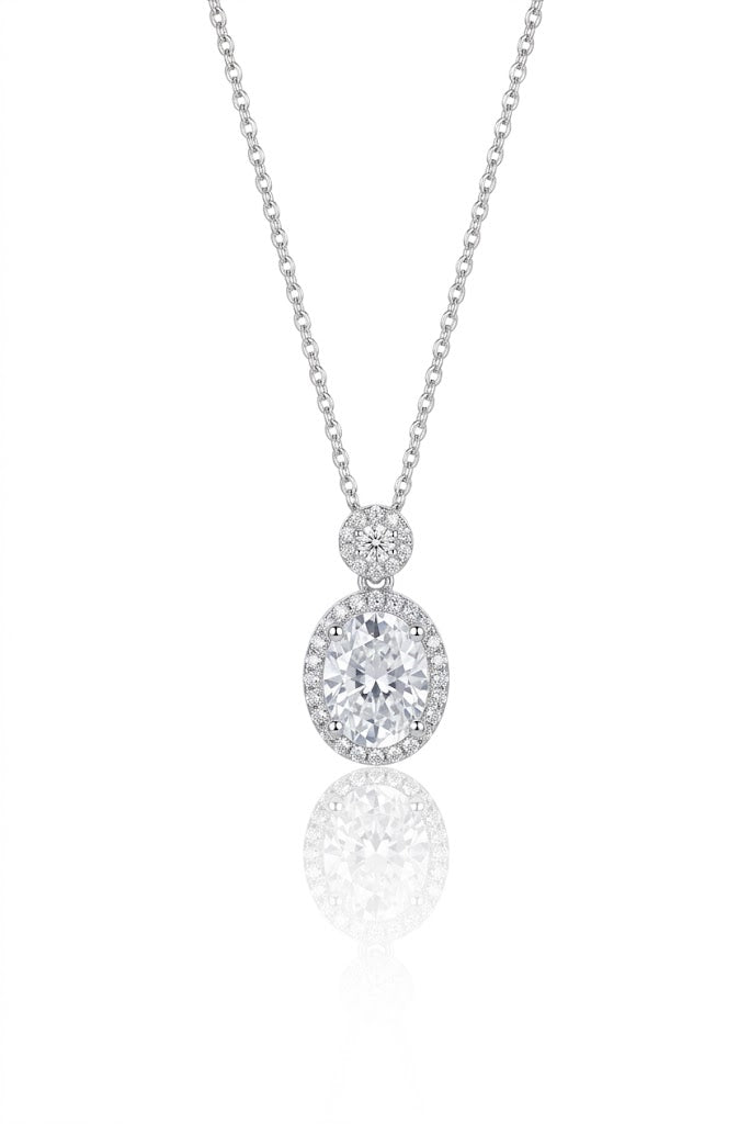 Silver Oval Halo American Diamond Pendant with Chain