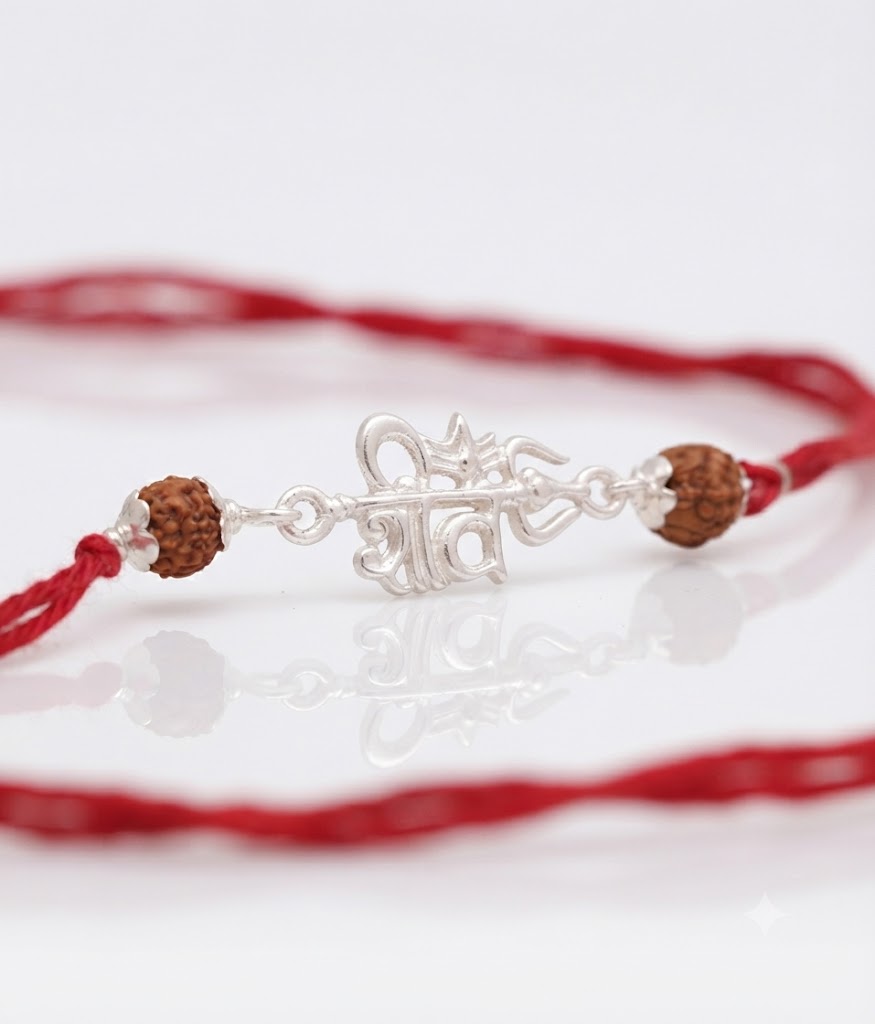 Elegant Silver Shiv Trishul & Rudraksha Rakhi for Brother | Festival Gift