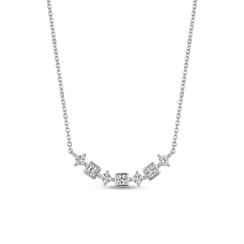 92.5 Sterling Silver Station Necklace with Square Cut Clear Stones Minimalist Chain