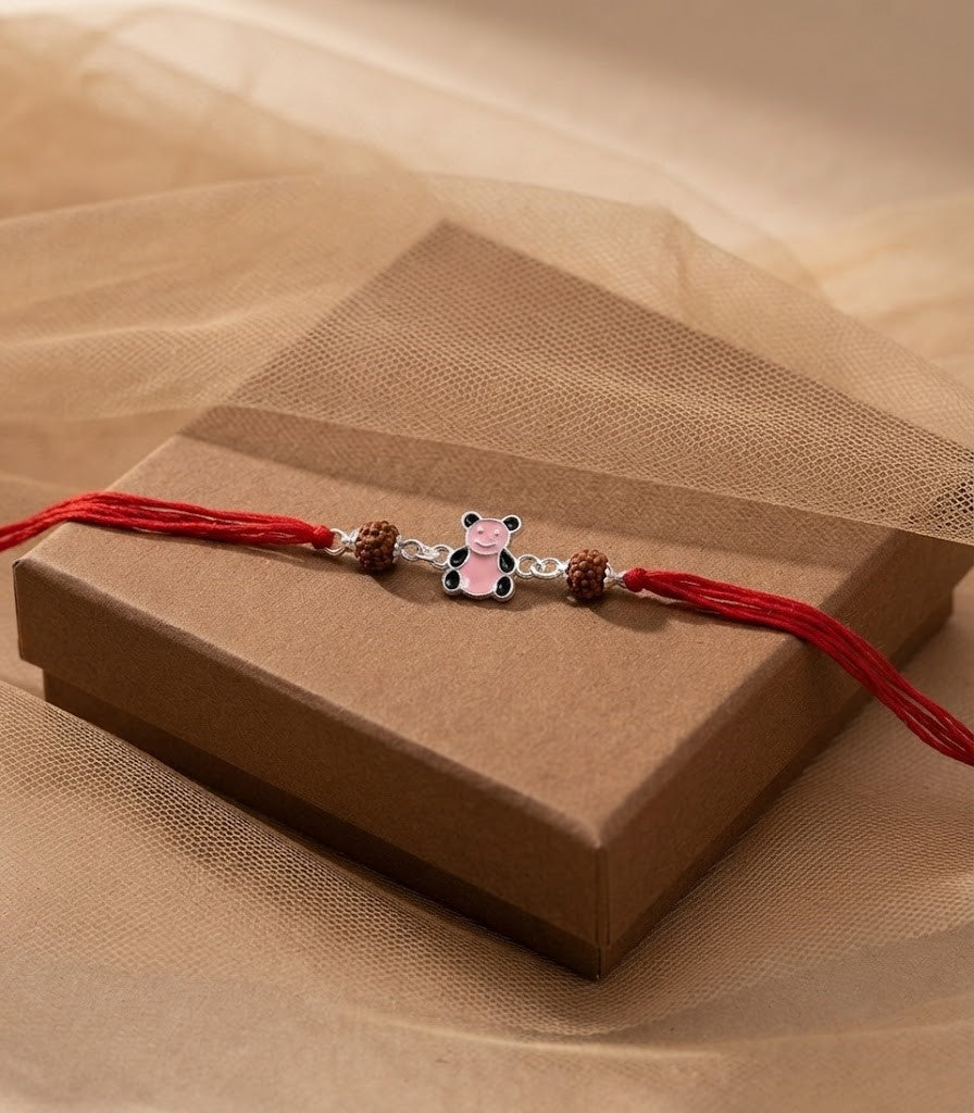 Cute Pink Bear Enamel Silver Rakhi for Kids