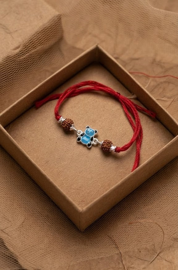 Adorable Bear Cub Silver Rakhi with Rudraksha Beads for Kids