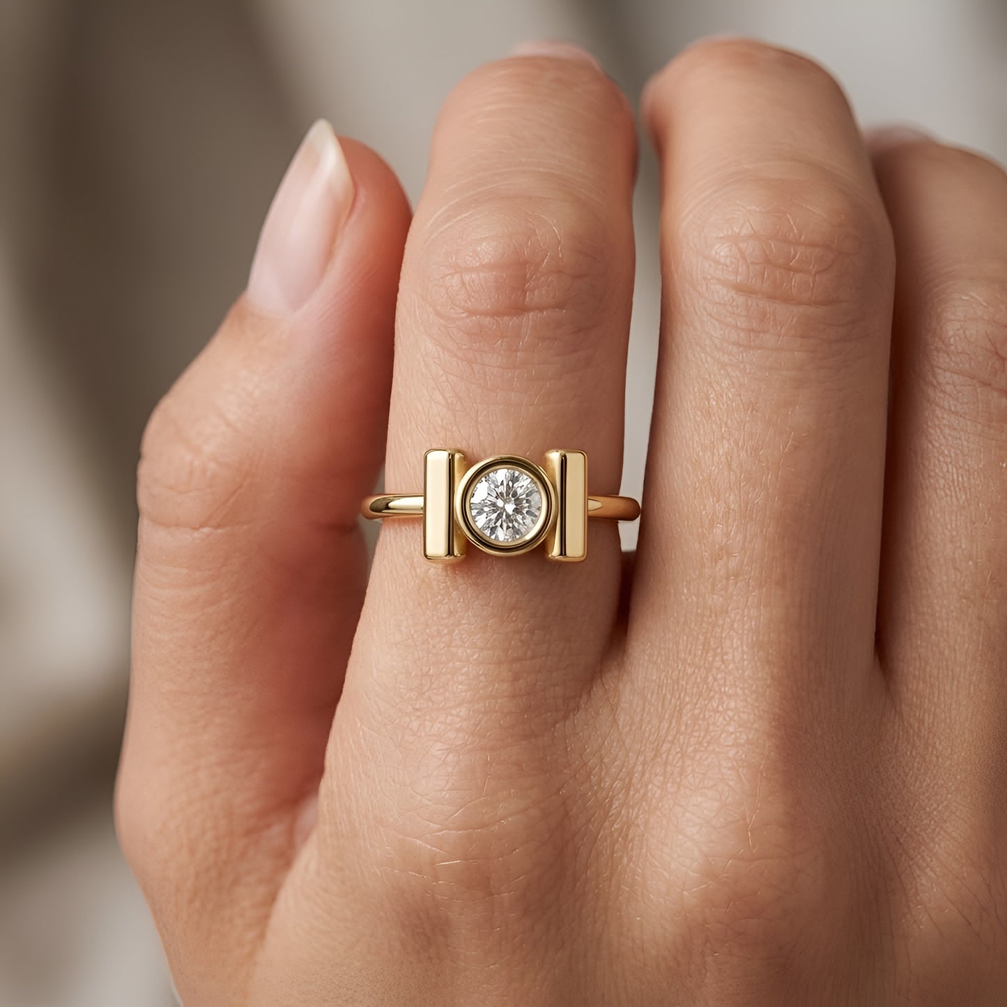 9KT Yellow Gold Round Moissanite Solitaire Ring Bezel Set Handmade Nakrani Gold