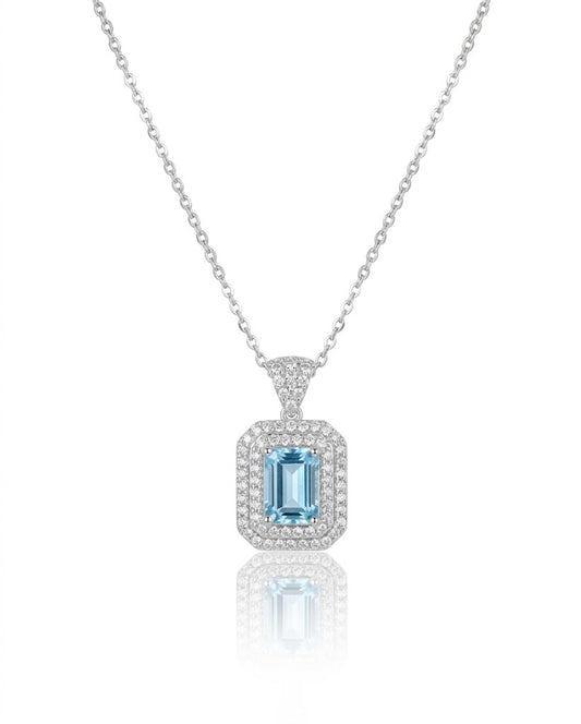 Blue Topaz Halo American Diamond Silver Chain Pendant