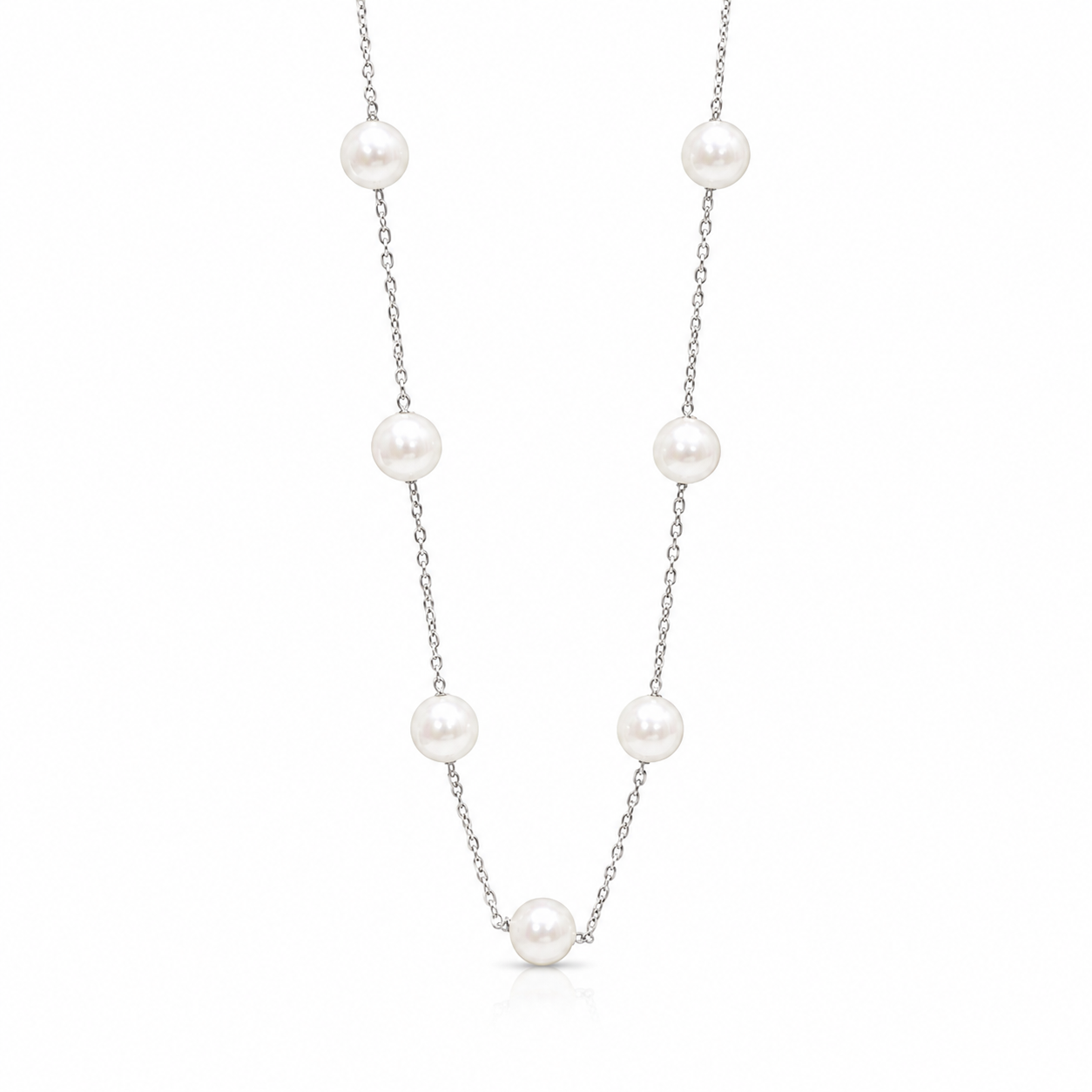 White Pearl Station Necklace Silver Tone Chain Elegant Long Beaded Necklace