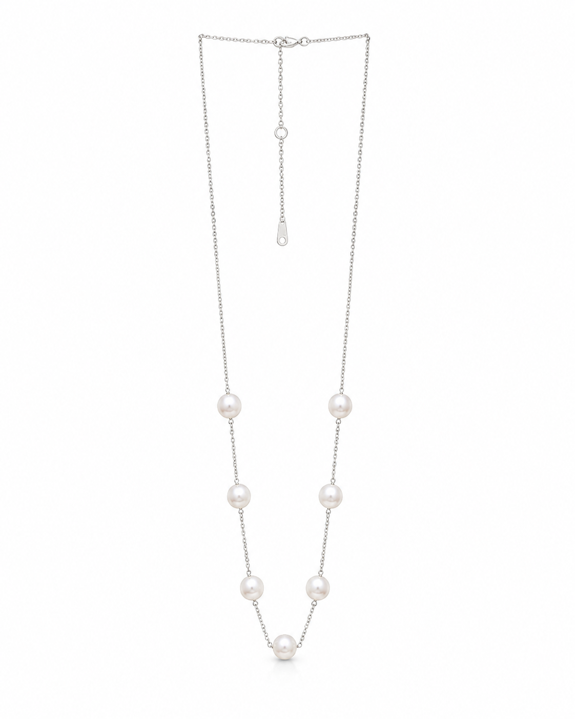 White Pearl Station Necklace Silver Tone Chain Elegant Long Beaded Necklace