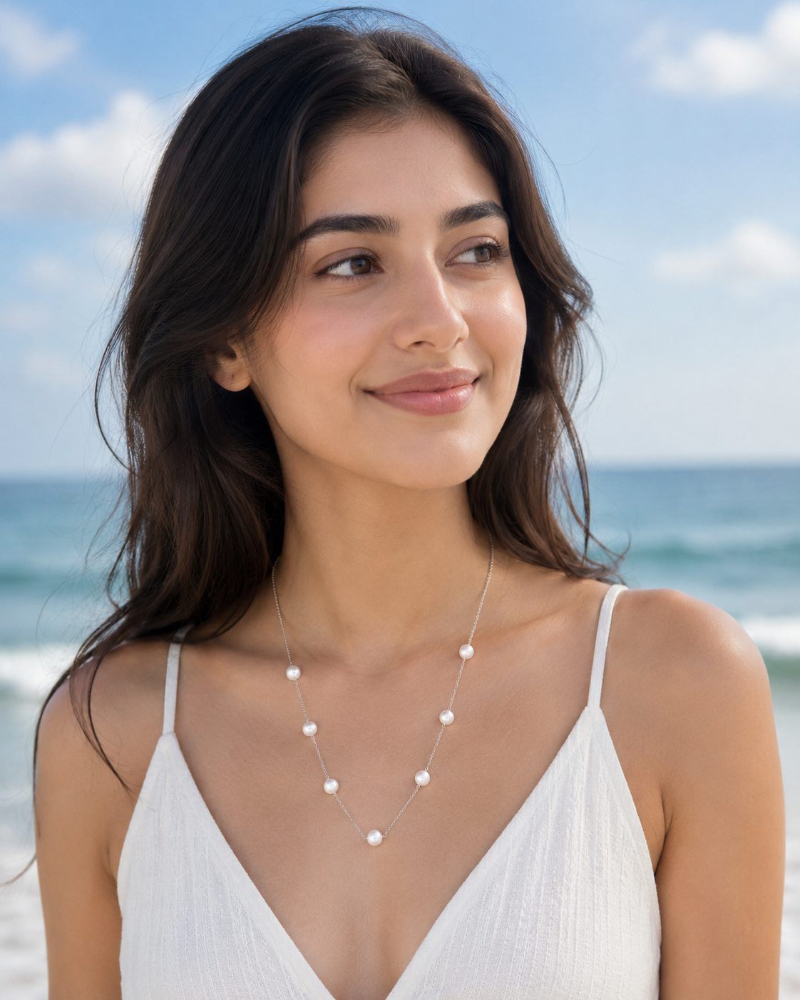 White Pearl Station Necklace Silver Tone Chain Elegant Long Beaded Necklace
