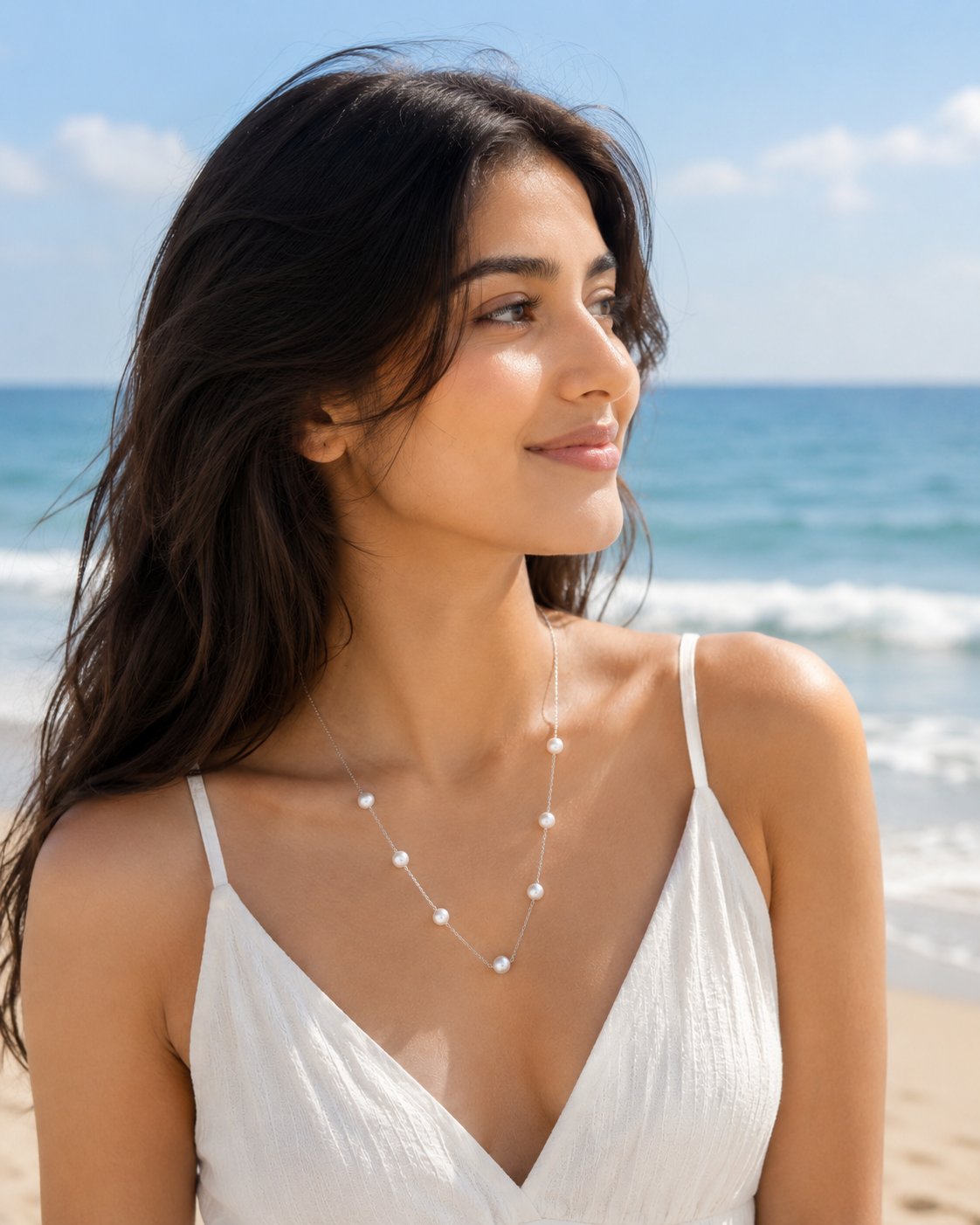 White Pearl Station Necklace Silver Tone Chain Elegant Long Beaded Necklace