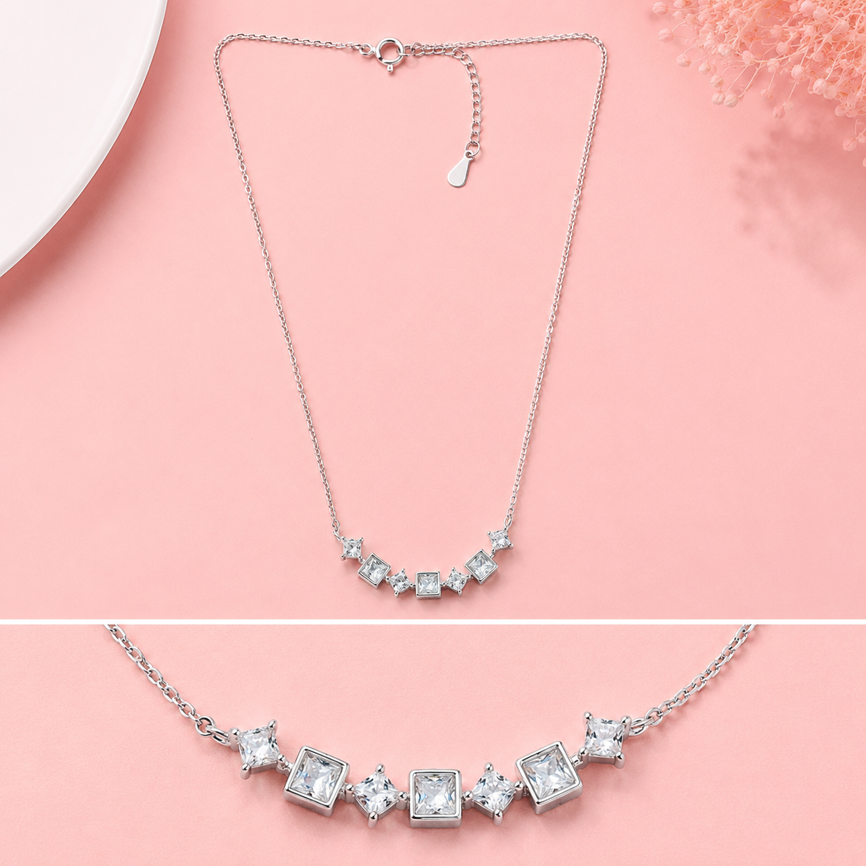 92.5 Sterling Silver Station Necklace with Square Cut Clear Stones Minimalist Chain