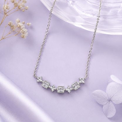 92.5 Sterling Silver Station Necklace with Square Cut Clear Stones Minimalist Chain