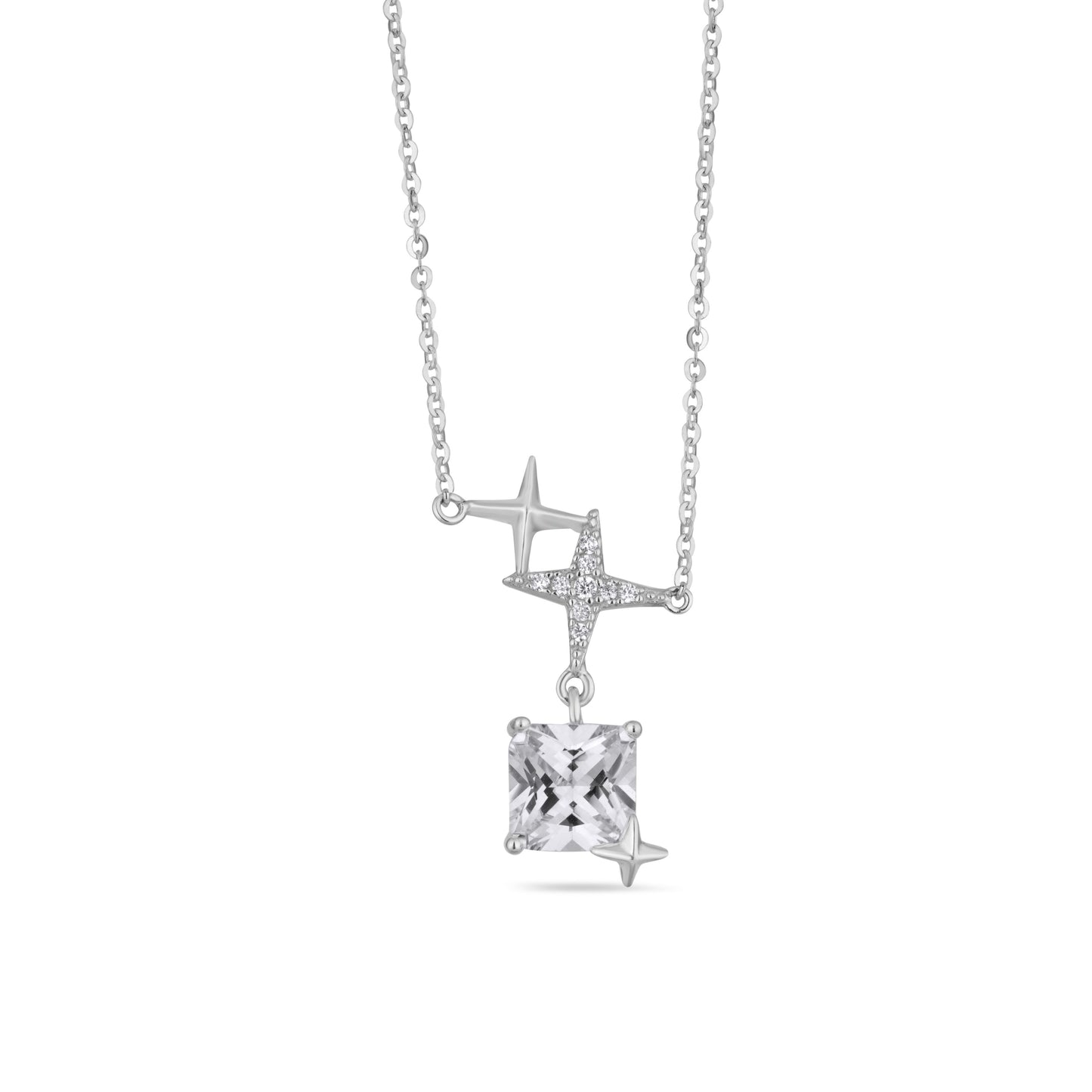 Silver Star Pendant Necklace with Princess Cut Diamond