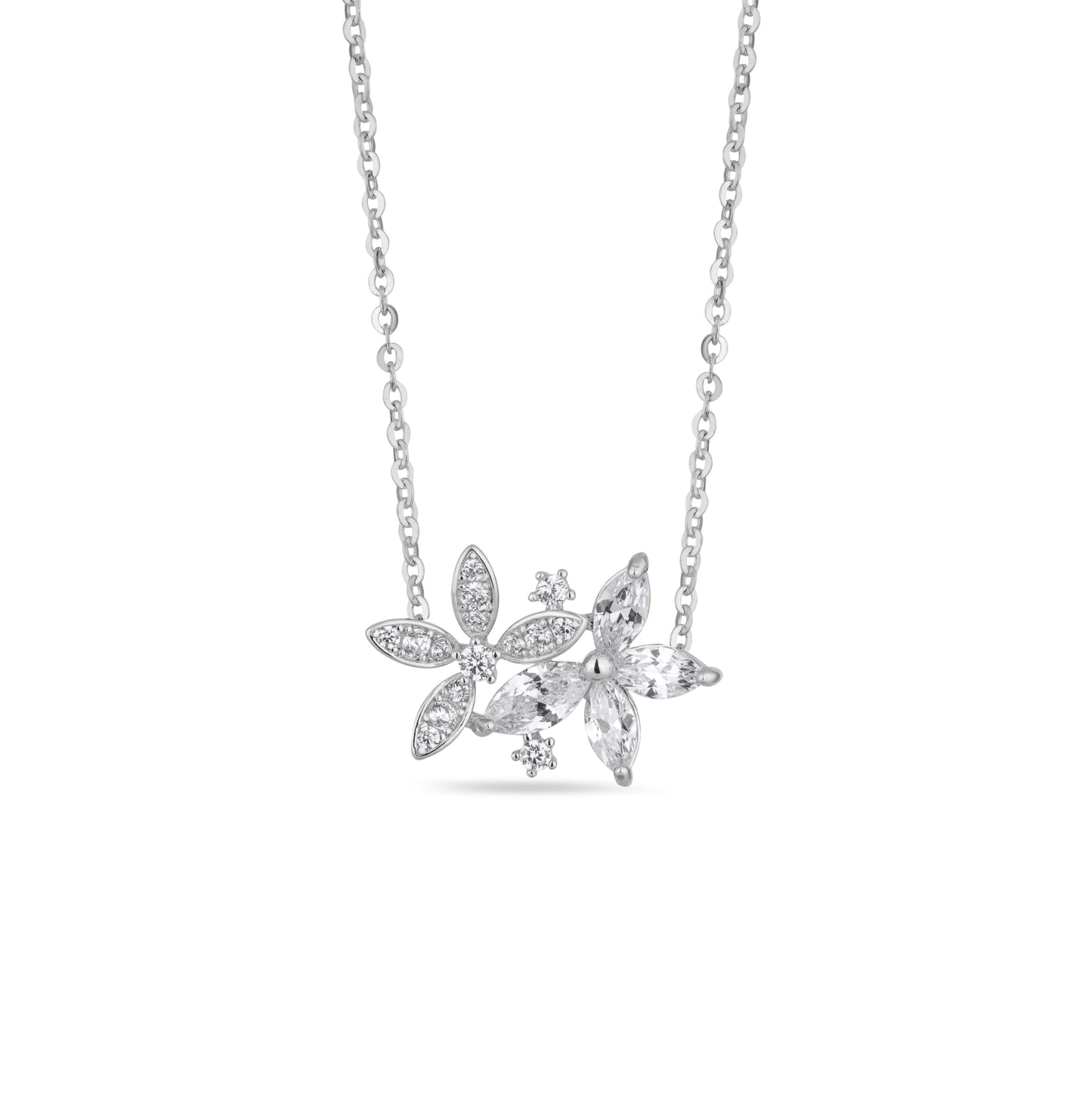 Sterling Silver Marquise Cut Cubic Zirconia Dual Floral Pendant Necklace