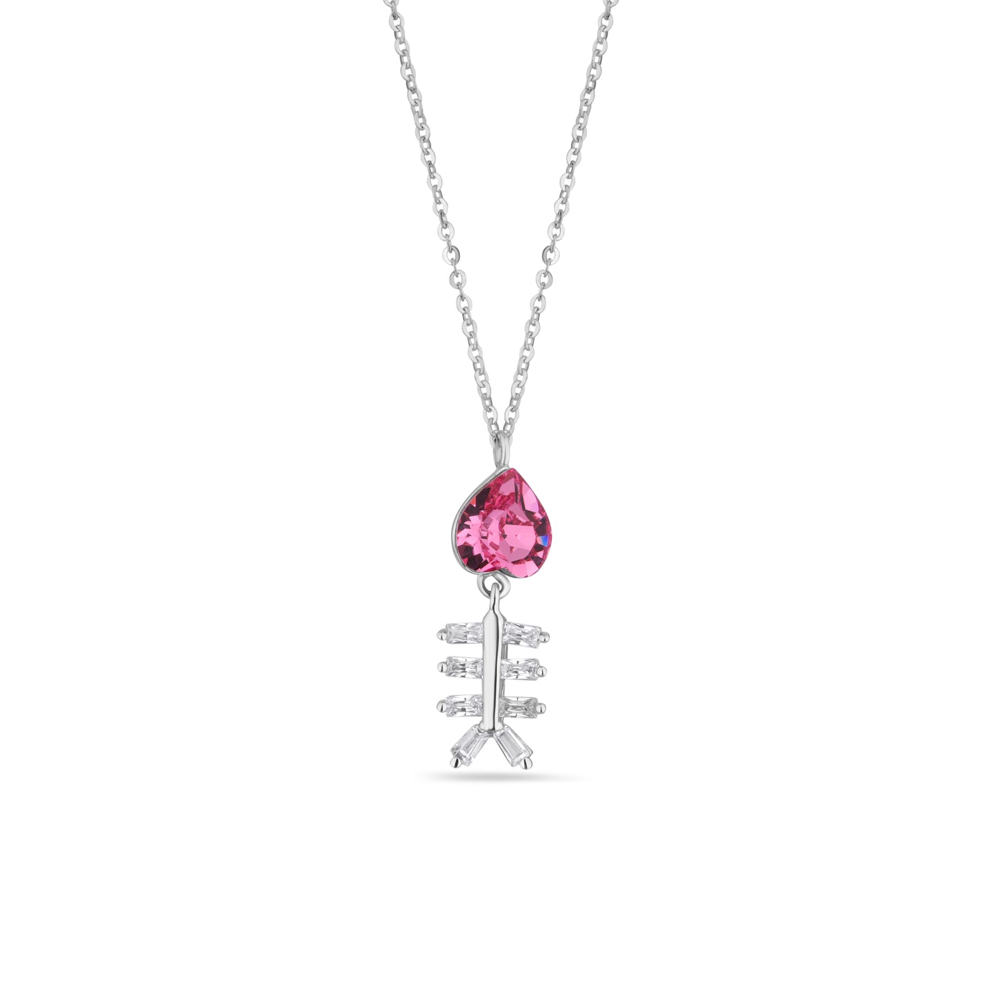 925 Sterling Silver Pink Heart Fishbone Necklace