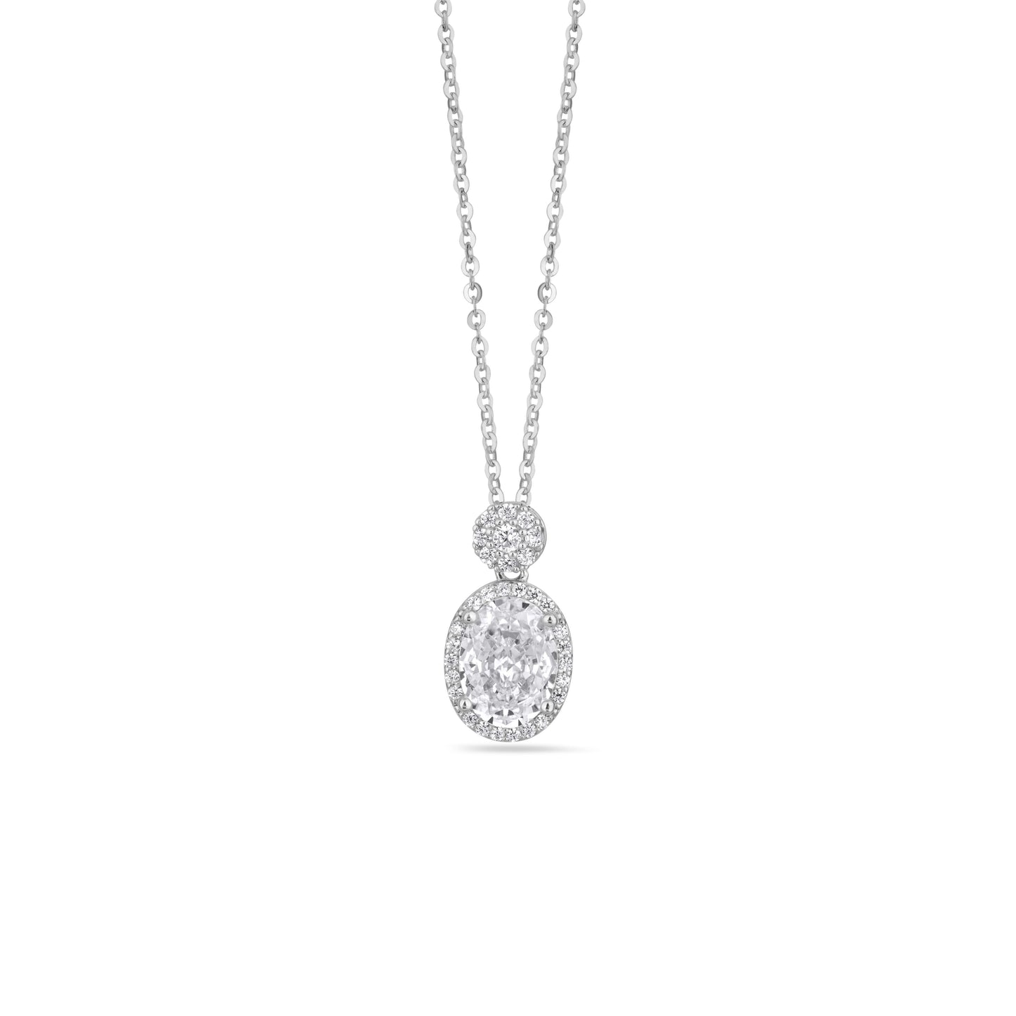 Silver Oval Halo American Diamond Pendant with Chain