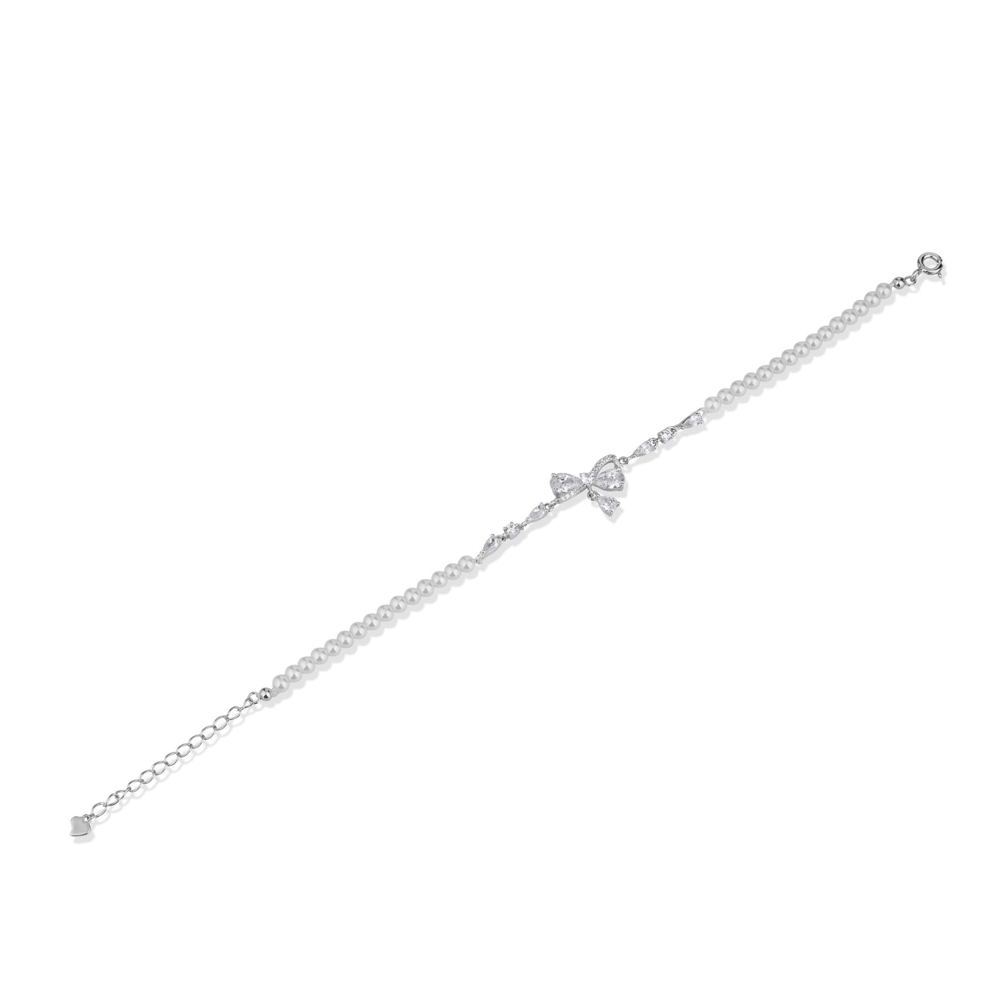 925 Sterling Silver Adjustable Bracelet American Diamond & Pearl Bow Bracelet