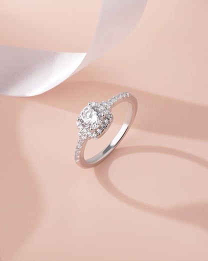 925 Sterling Silver Halo Moissanite Diamond Women Engagement Ring Brilliant Cut Round